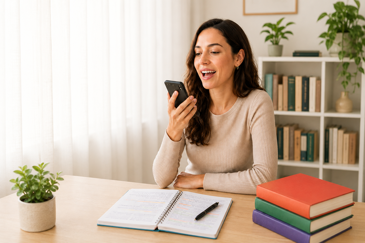 Aluna praticando a pronúncia em espanhol com o celular